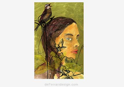 deFerrari painting Sparrowgirl: drawing painting of woman with bird on head